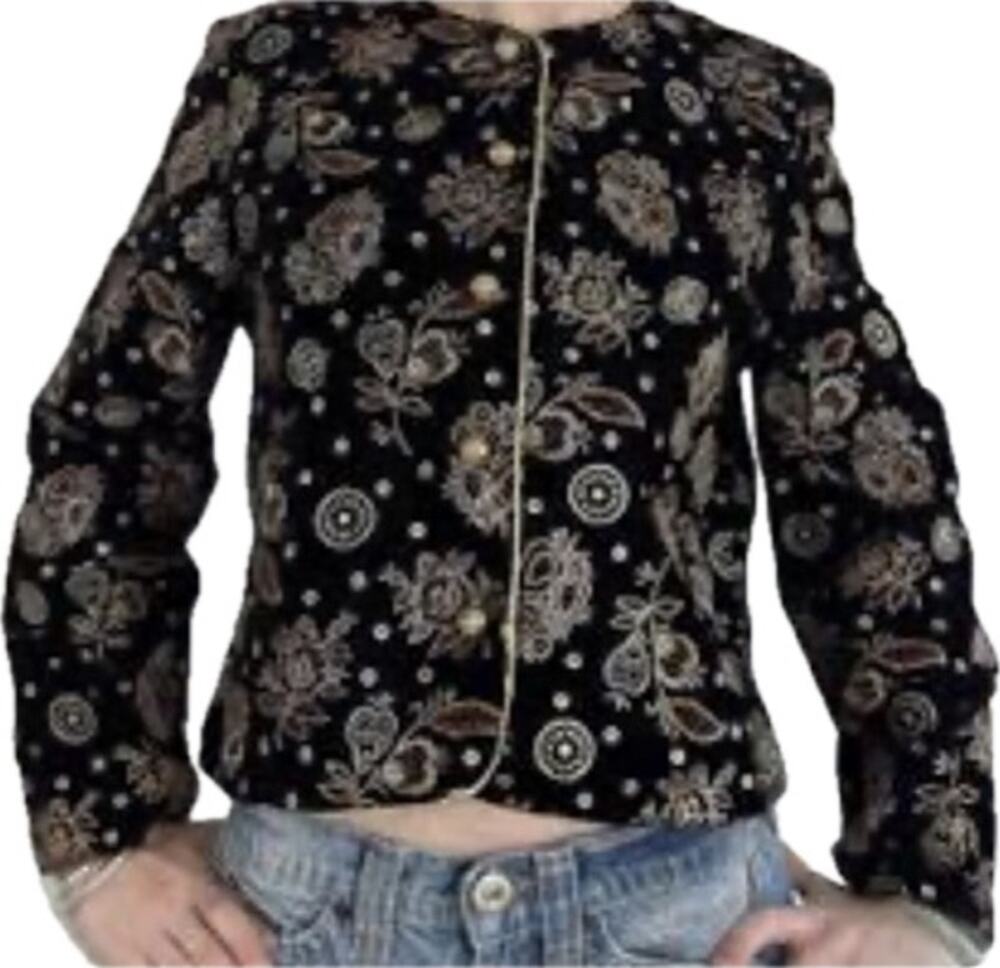 Vintage Norton McNaughton Embroidered Velvet Blazer Women's 8 Black Made in USA